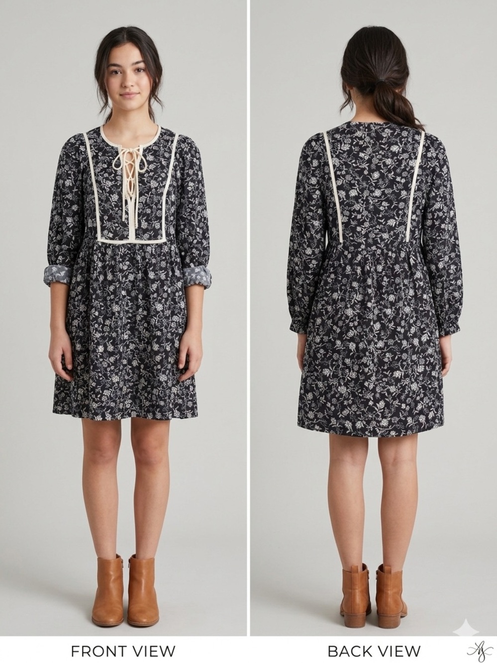Old Navy Black Floral Lace-Up Long Sleeve Dress